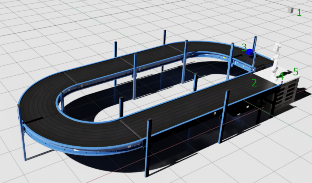 Simulation Scene with Conveyor Belt and Robotic Arm